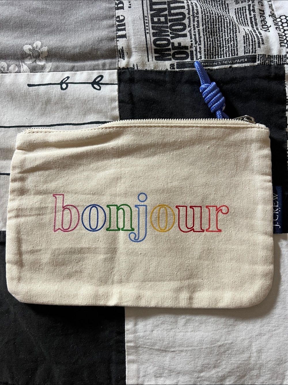 NWT JCrew Canvas Pouch with 'bonjour' Rainbow Embroidery 9.5x6
